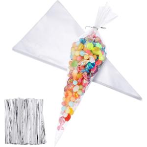 Outus 100 Pcs 7 x 12 Inch Cone Shaped Treat Bag Clear Cello Cellophane Medium Transparent Sweet Popcorn Candy Bags with 100 Pieces Twist Ties for Party Favor(Silver Twist Ties)