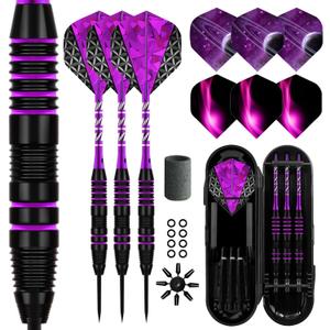 Dart Metal Tip Set 3 Aluminum Dart Shafts Steel Tip Dart Set Professional Darts Steel Tip Set + Extra 3 Dart Flights 3 Replace Plastic Shafts (purple)