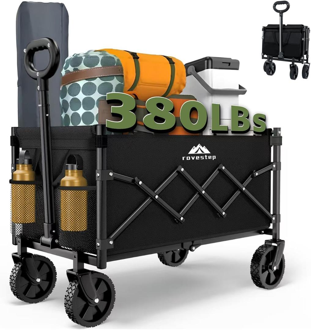 Max Collapsible Folding Wagon - Heavy Duty Utility Cart, 65L Capacity, 380 lbs Load, All-Terrain Wheels, Compact Fold for Camping, Garden, Beach, Shopping (Black) (Black)