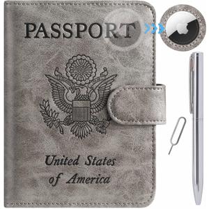 Airtag Passport Holder Cover Wallet RFID Blocking Leather Case Travel Essentials Luggage Accessories Travel Must Have(118#Grey)