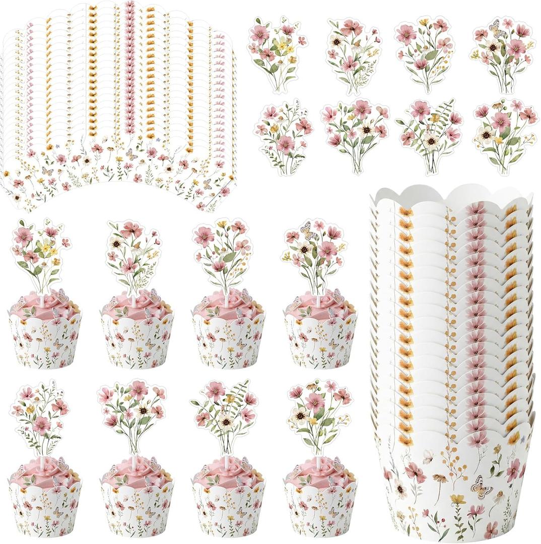 96 Pcs Spring Wildflower Cupcake Toppers and Wrappers Pink Floral Cupcake Picks and Liners for Birthday, Wedding, Bridal Shower, Baby Shower, Garden Spring Party Decorations