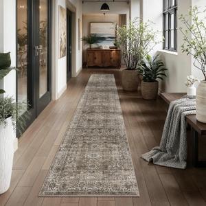 2x10 Brown Grey Vintage Washable Runner Rugs for Hallway Kitchen Boho Hallway Carpet Low Pile Non-Slip Retro Distressed Accent Throw Rug for Entryway Bathroom Bedroom