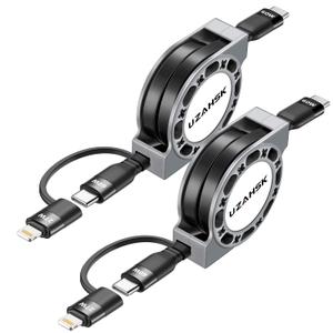 2 in 1 Retractable USB-C to Lightning/Type-C Charger, 2Pack 4ft, 60W Fast Charge for iPhone 13/14/15/16/17 Pro Max/Plus/Air/Mini/iPad/Samsung/Tablets