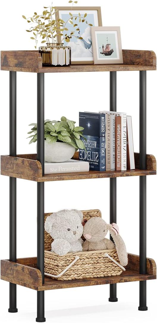 Hosfais Bookshelf Small Book Shelf, 3 Tier Wood Bookcase Industrial Bookshelf Metal Standing Book Shelves Display Book Rack for Living Room Bedroom Home Office (Rustic Brown)