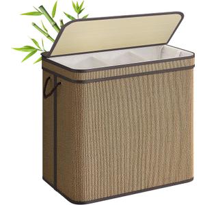 SONGMICS 3-Section Laundry Hamper With Lid, 44.9 Gal (170 L) Large Laundry Basket With 3 Removable Machine Washable Fabric Bag, Bamboo Clothes Hamper, Handles, for Bathroom, Brown ULCB069K01