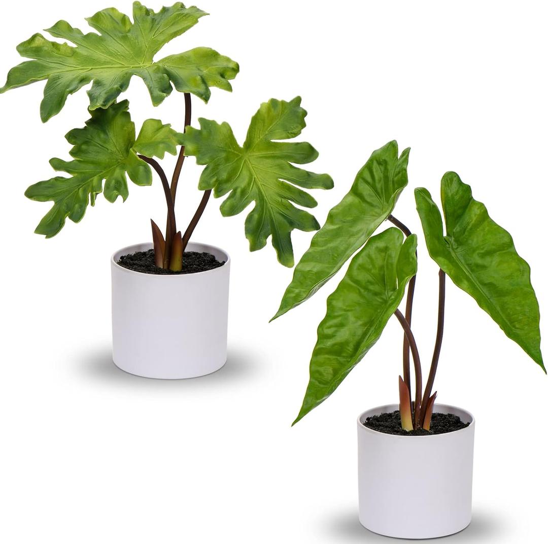 Hollyone Fake Plants Set of 2 Artificial Potted Plants Faux Plants Begonia Plants in White Pots Real Touch Leaves for Office Table Desk Shelf Bathroom Bedroom Greenery Decoration Home Indoor Decor (2 Pack (White Pots))