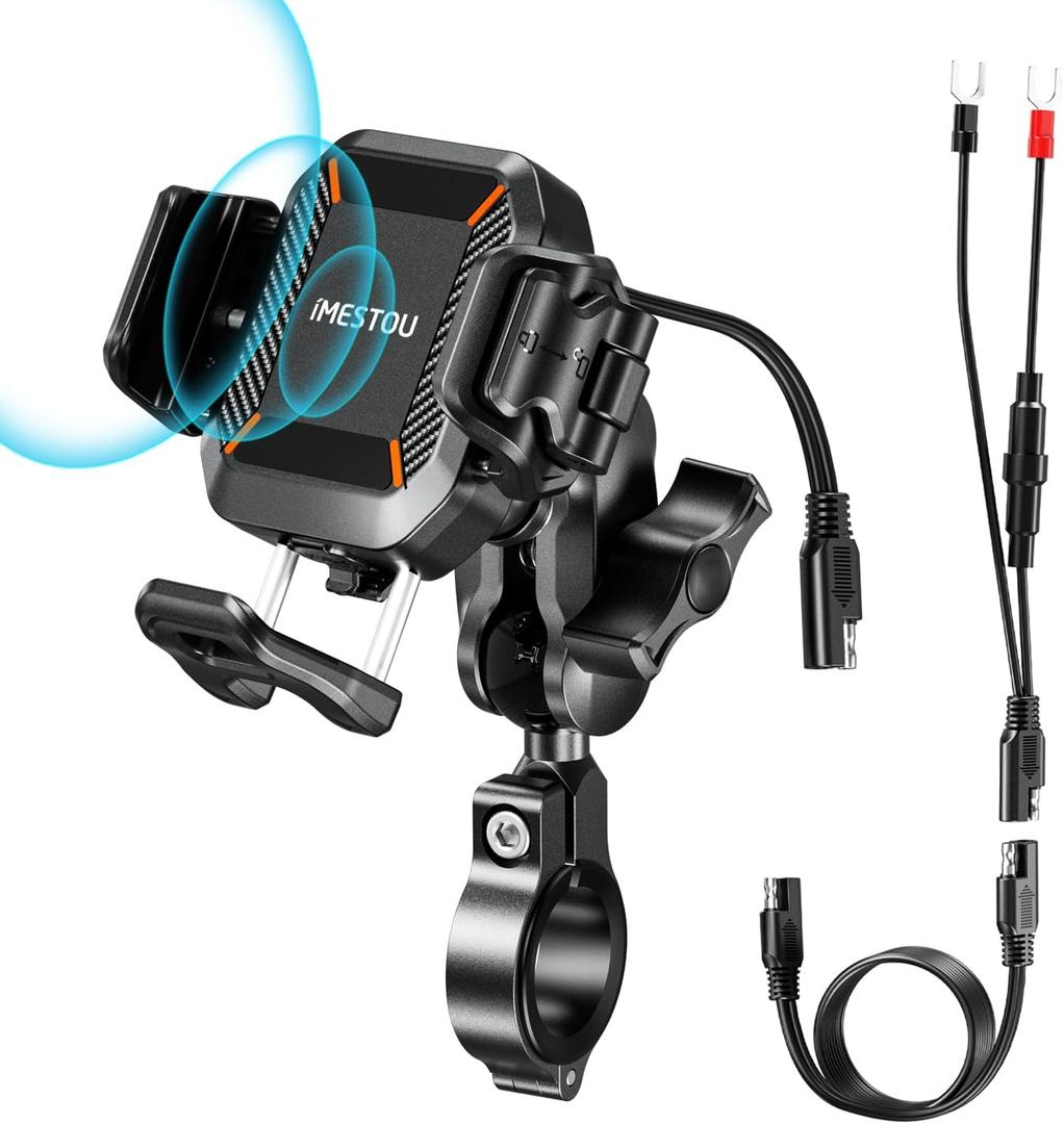iMESTOU Motorcycle Wireless USB C Phone Mount Anti-Vibration, Anti-Theft 1" Ball Qi Phone Mount Suitable for 5.2"-7.2" Up to 15mm Thick Phones, Fits for 22-32mm Handlebars, Works with 12-24V Vehicles