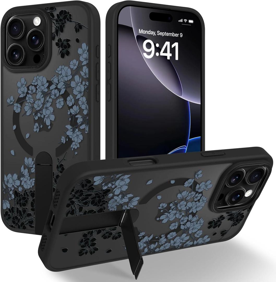OOK Case Fit for iPhone 16 Pro 6.3 Inch (Compatible with MagSafe) Gray Floral Flowers Soft TPU and Hard PC Phone Cover with Kickstand Anti-Scratch Shockproof Protection Magnetic Case for Women