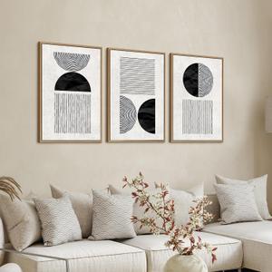 Framed Black and White Wall Art Canvas Set Mid Century Boho Pictures Modern Geometric Lines Circles Wall Decor Minimalist Bohemian Abstract Painting Artwork for Living Room Bedroom Office 16"x24"x3Pc