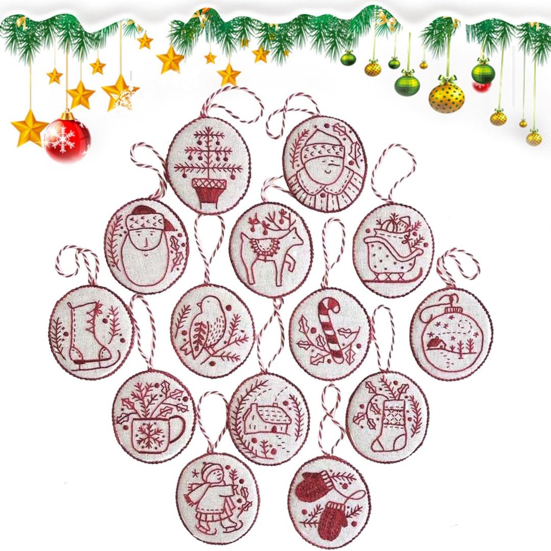 Zsdios Christmas Embroidery Kit,Embroidery Christmas Ornament Kits, Complete Needlepoint Starter Set, Hand Embroidery Ornament Kit for Beginners with Easy & Instructions (14 Pcs Red Set)