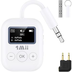 1Mii Bluetooth Transmitter for Airplane, Bluetooth 5.3 Adapter for TV,Airplane Travel Essentials, Aptx Low Latency Wireless Audio Aux for Headphones, Any 3.5mm Jack,Linking 2 Devices (White)