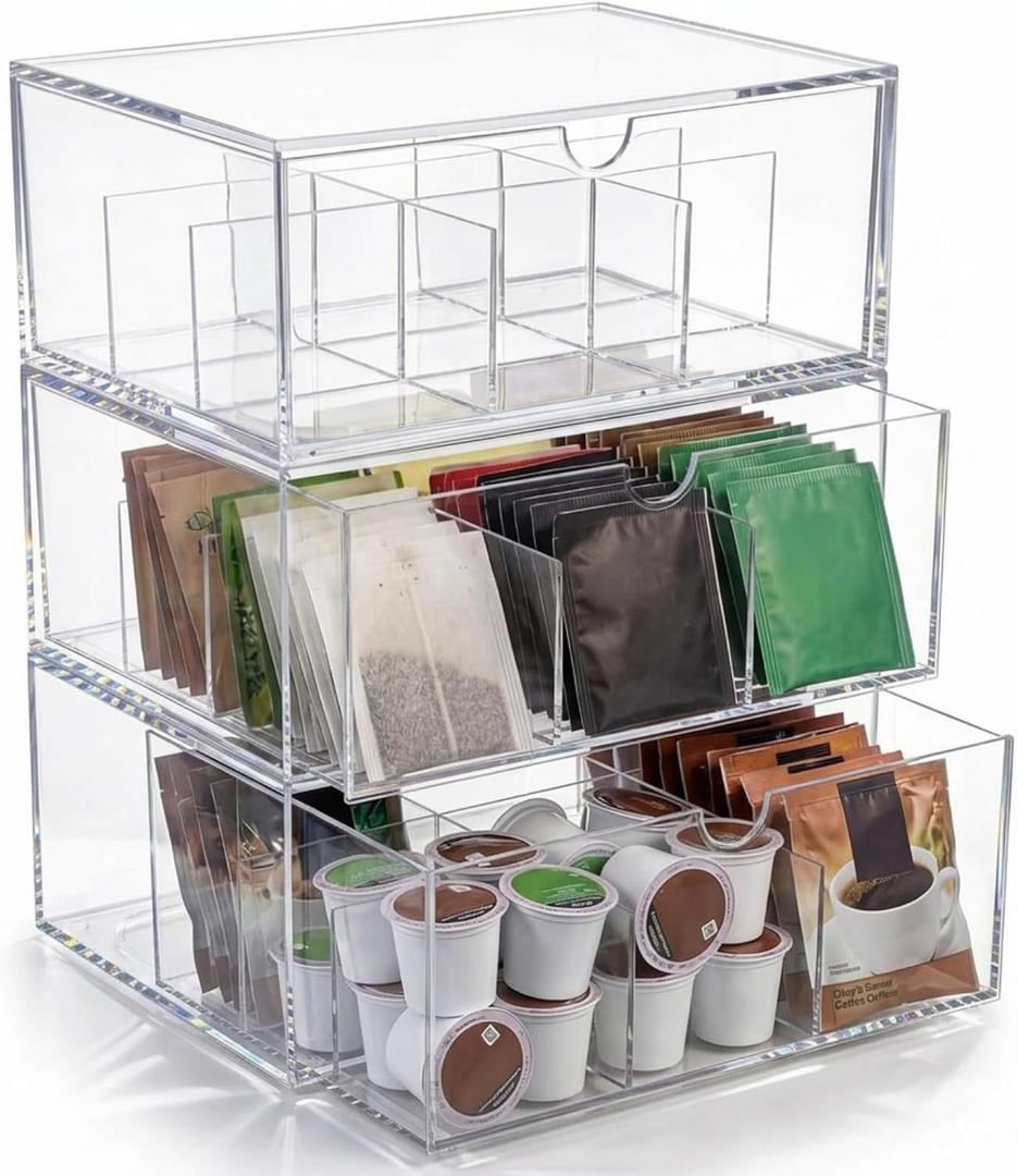 Hoteam 3 Pack Drawers Tea and Coffee Organizer with Lids, Clear Stackable Plastic Tea Bag Storage Organizer for Cabinet Counter Countertop Pantry, Sweeteners(9 Grids)