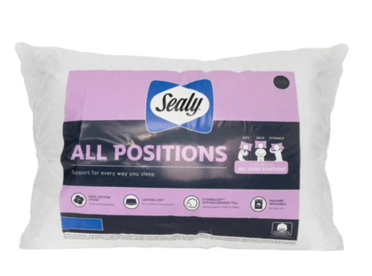 Sealy ALL Positions PILLOW, Support for every way you sleep, Lasting Loft, Lifetime Washability, 100% Cotton Cover, Light& Responsive Hypoallergenic Fill, Standard/Queen Size 20 x 28 in