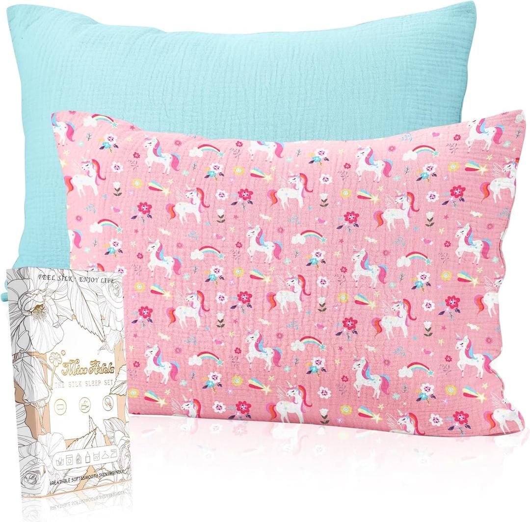 2 x Miss Adola Ultra-Soft Cotton Toddler Pillowcases Set of 2, Flower Unicorn | Breathable Muslin Cotton, 13x18 Inch, Envelope Closure, Baby Bedding, for Sensitive Skin, Cute Cartoon, Kids Boys Girls Room