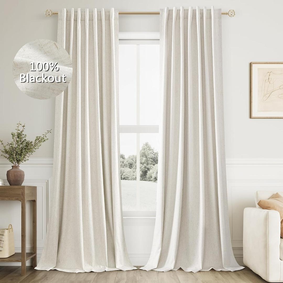 Guken Cream 100% Blackout Linen Curtains 96 Inch Length 2 Panels Set for Living Room Bedroom Back Tab Thermal Insulated Black Out Drapes Room Darkening Window Curtains Ivory Natural, 52"W x 96"L