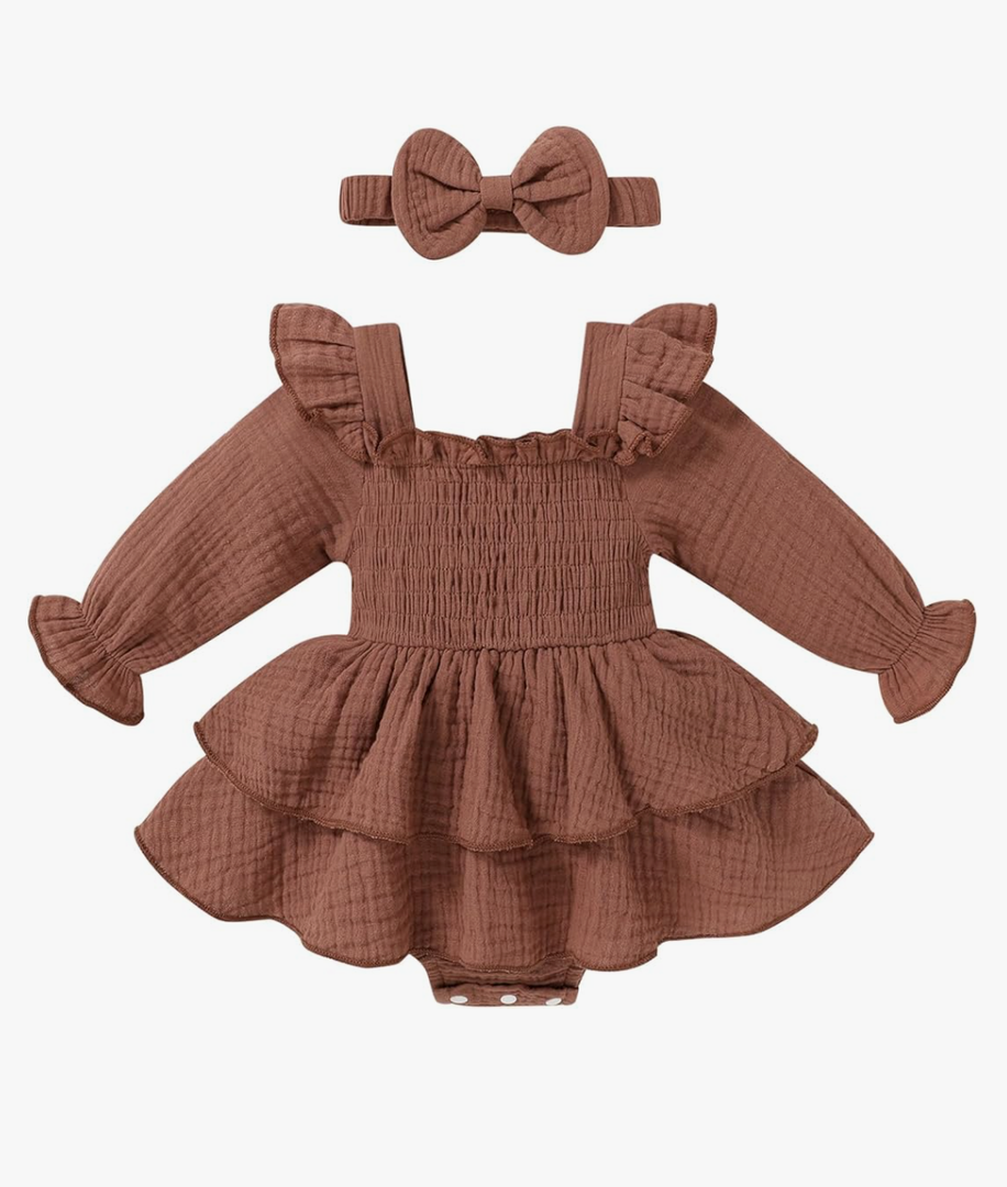 YOUNGER TREE Baby Girl Fall Clothes Infant Long Sleeve Ruffle Romper Dress with Headband Cute Toddler Winter Outfits, 12-18 M