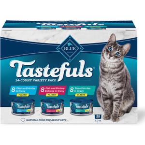 Blue Buffalo Tastefuls Flaked Wet Cat Food Variety Pack, Made with Natural Ingredients, Tuna, Chicken, Fish & Shrimp, 3-oz Cans (12 Count, 4 of Each) (BB 01/28/2028)