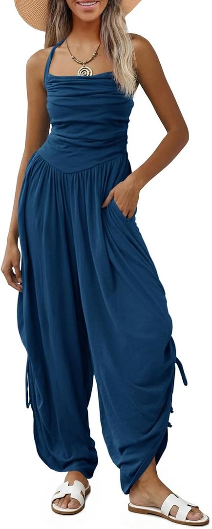 Fisoew Womens Casual Jumpsuits Summer Halter Straps Sleeveless Overalls Ruched Barrel Wide Leg Side-Cinch Long Pant Rompers, X