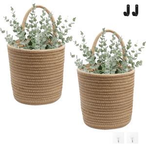 Defined Deco 2 Pack Jute Hanging Basket,Hanging Rope Basket with 4 hooks,Flower Plants Wall Basket Decor Set,Rustic Woven Basket Organizer,Boho Wall Decor for Living Room,Bedroom,Bathroom,Entryway.