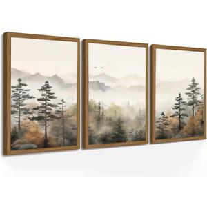 Framed Mountain Landscape Wall Art Set of 3 - Canvas Prints with Real Wood Frame Foggy Pine Tree Misty Forest Painting Nature Picture Wall Decor for Living Room Bedroom Office 16x24 Inches