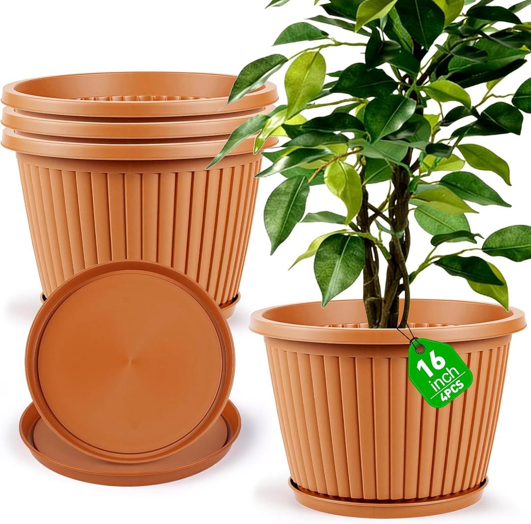 Large-Planter-Indoor-Outdoor Plant Pots, 16 inch 4 Pack Plastic Flower Pots with Saucer And Drainage Holes, Modern Garden Planters For Planting Medium Large Plants, Decorative Resin Garden Pots
