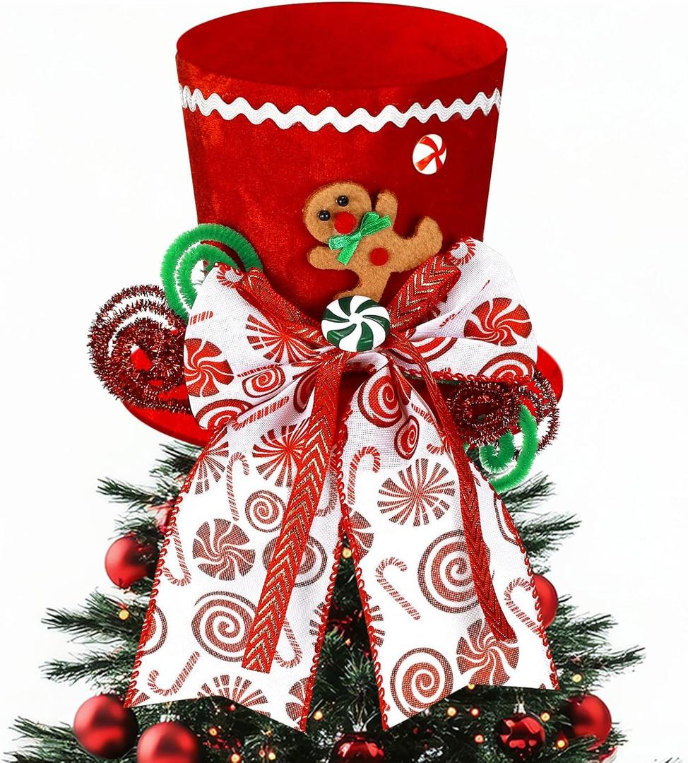 Gingerbread Christmas Tree Topper 4.7 Inch Mini Red Top Hat Tree Topper with Bow Red White Peppermint Cane Candy Gingerbread Man Christmas Decorations for Home Winter Holiday Party Decor