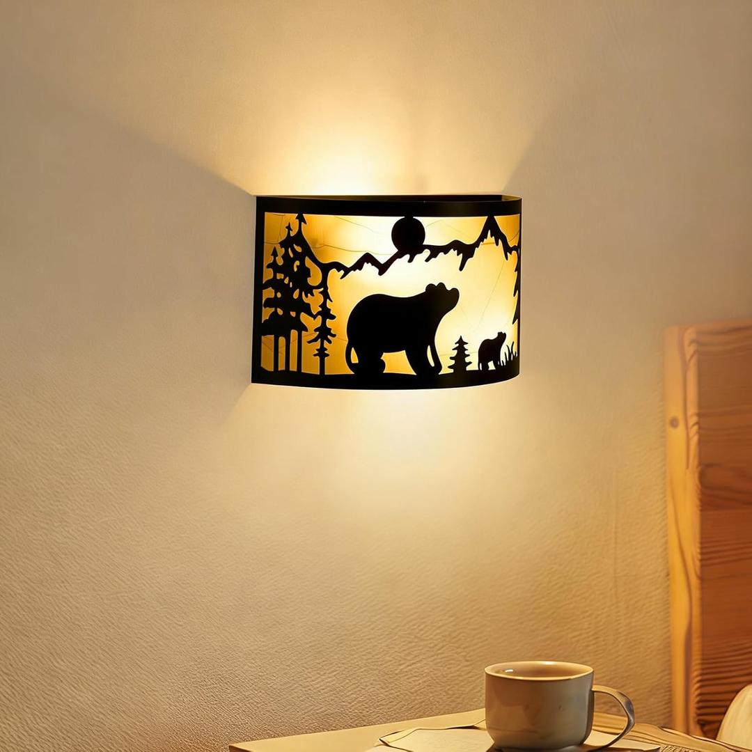 Rustic Bear Wall Sconces Farmhouse Industrial Wall Lamp, Indoor Wall Mount Lighting Matte Black Porch Light 2-Light Wall Lantern or Bedroom, Hallway, Stairway, Porch-W13*H7in (1Pack)