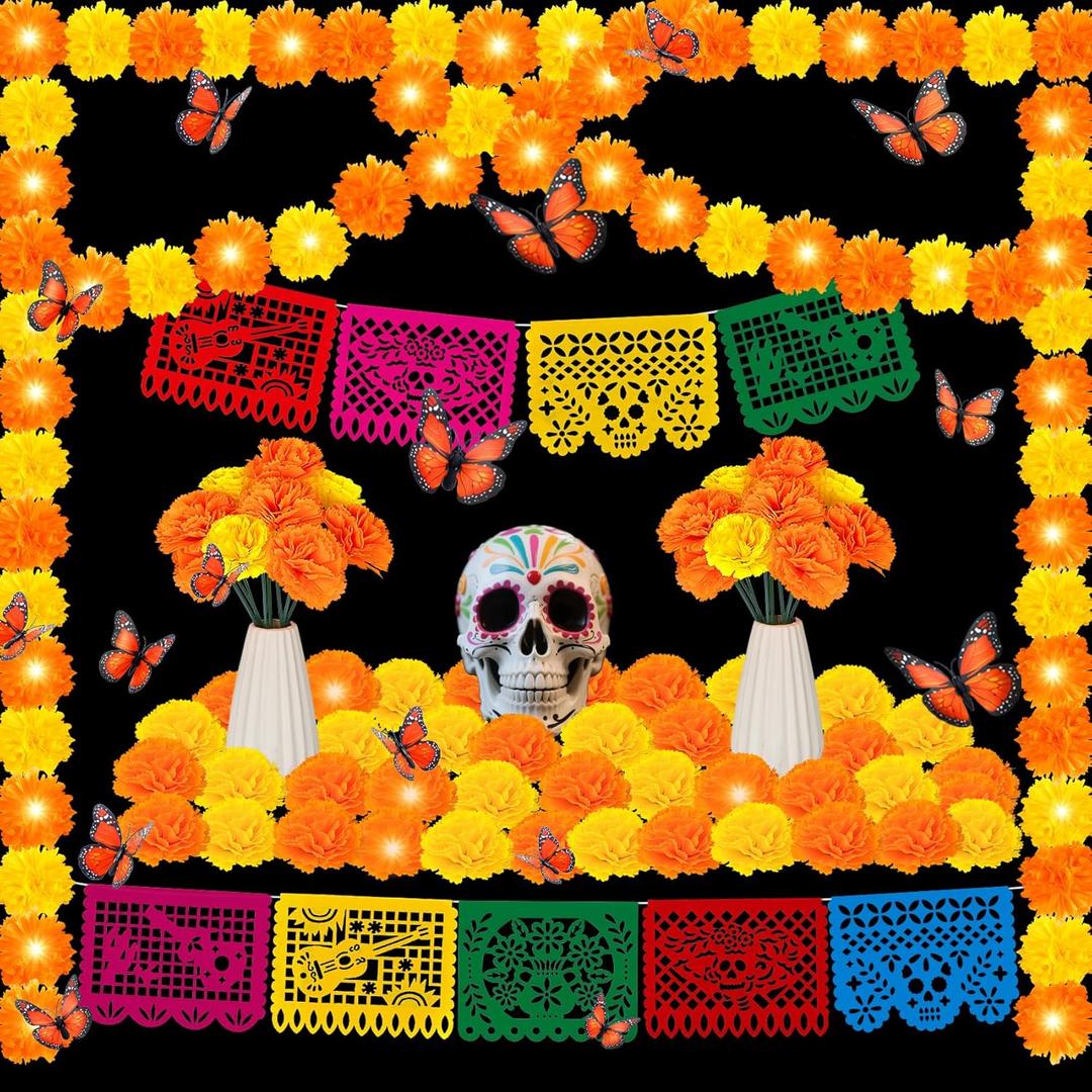57pcs Day of The Dead Decor, 2 Marigold Garland, 20 Marigold Flowers, 18 Fake Butterfly, 9 Mexican Banner Papel Picado, 8 Skull for Indian Diwali Altar Dia De Los Muertos Decorations, Orange Yellow