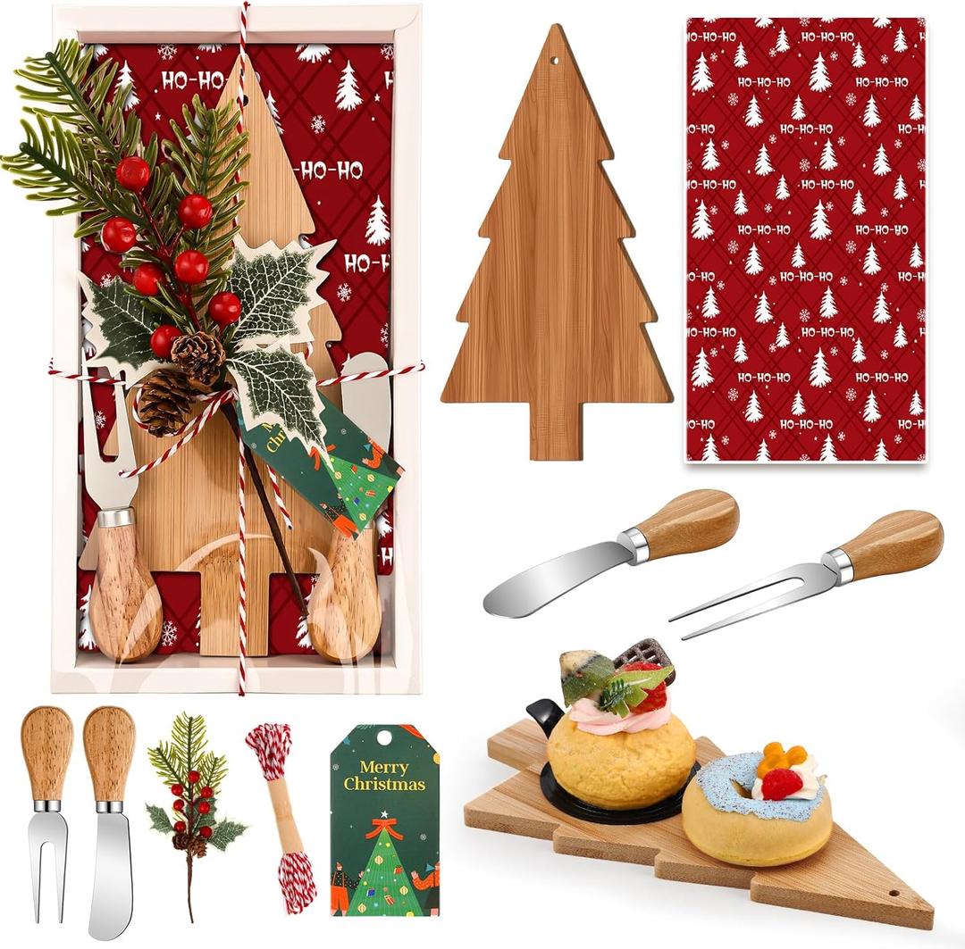 LemonRoad 1 Set Christmas Cutting Board Gift Christmas Tree Cutting Board with Knives Forks Kitchen Towels Merry Gift Tags Charcuterie Boards Bamboo Serving Tray for Xmas Birthday Party Favors
