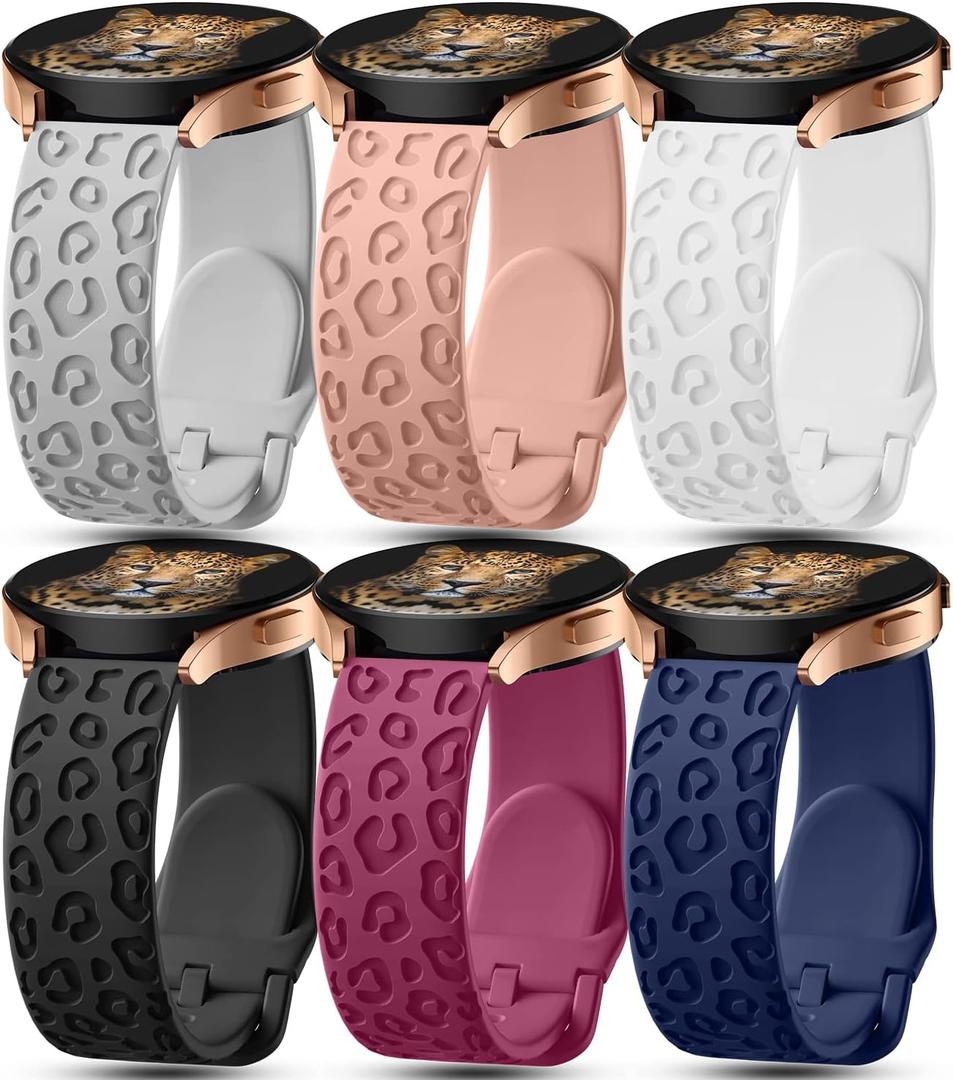 6Pack Engraved Band Compatible with Samsung Galaxy Watch 5 Band/Galaxy Watch 4 Bands/Galaxy Watch 3 Bands/Active 2 Watch Bands,20mm Leopard Silicone Sport Strap Replacement for Women Men (Small (5.5"-7.1"), Black,Wine Red,Navy,Grey,Sand Pink,White)