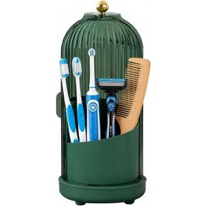 JEESA Toothbrush Holder Organizer, with Drainage Holes, with Dustproof Cover, 360 Rotating, 3 Slots, for Bathroom Countertop, Green
