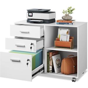 DEVAISE 3-Drawer Wood File Cabinet with Lock, Mobile Lateral Filing Cabinet, Printer Stand with Open Storage Shelves for Home Office, White