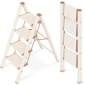 GameGem 4 Step Ladder, Aluminum Folding Step Stool with Anti-Slip Sturdy and Wide Pedal, Lightweight Portable Stepladder for Home and Kitchen Use Space Saving, 330 lbs, Chocolate White