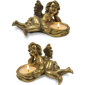 Gold Tea Light Candle Holders, Vintage Tealight Holders, Cherub Decor Angel Votives Candle Stick Holder, Set of 2