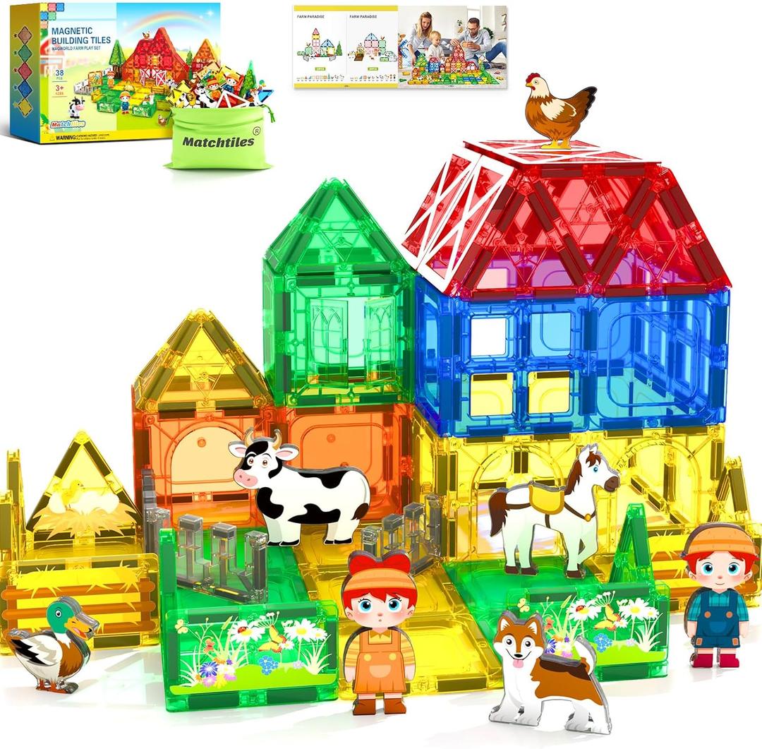 Magnetic Tiles Toys with Farm Animals for 3+ Year Old Toddler, Magnetic Blocks Building Toys for Kids Ages 3-5 5-7 Girls Boys, Classroom Must Haves
