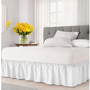 Wrap Around Dust Ruffle Bed Skirt - White - for Queen Size Beds with 15 Inch Drop - Easy Fit Elastic Strap - Adjustable Pleated Bedskirt w/Brushed Fabric - Wrinkle Free - for Women, Men, Kids & Teens Queen