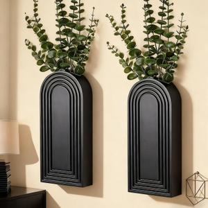 2 Pack Wooden Wall Vase Set, Boho Hanging Planter for Indoor Plants & Flowers, Wood Wall-Mounted Planters for Living Room, Modern Farmhouse Entryway or Bathroom, Rustic Art for Home (Black)