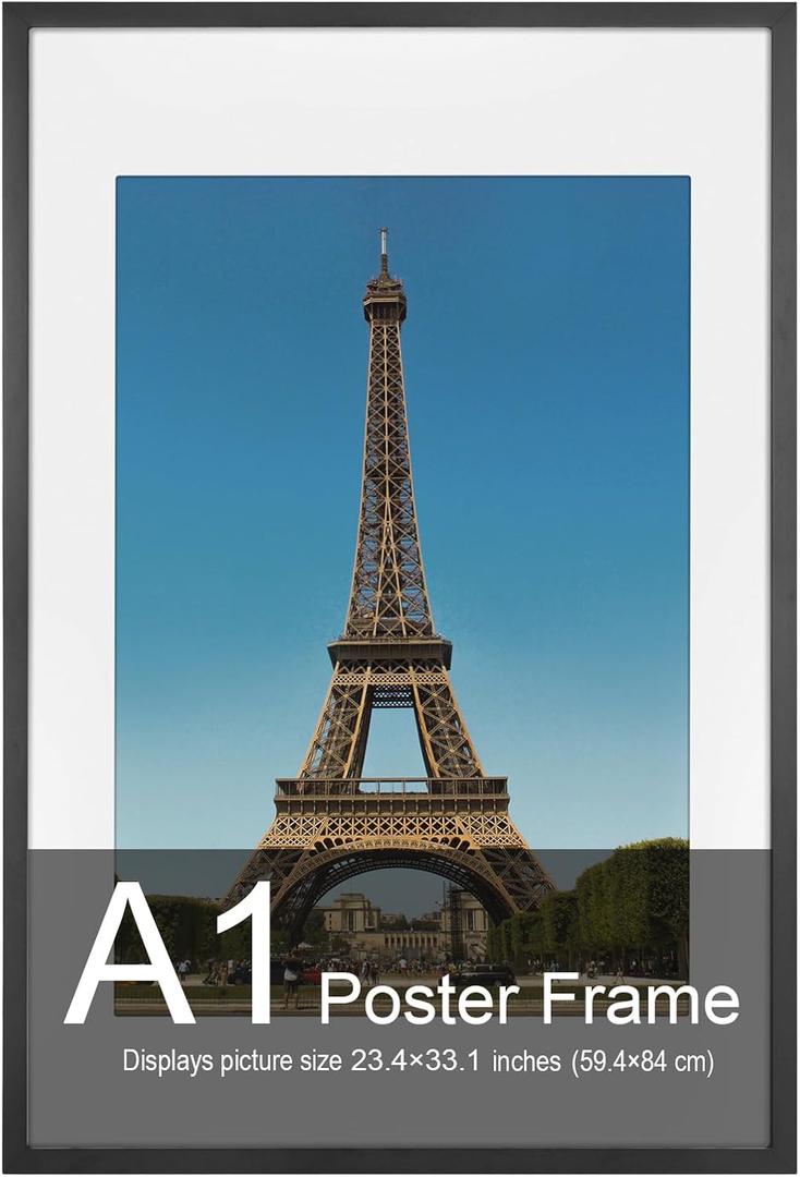 A1 Picture Frame (23.4 x 33.1 inches), Solid Wood Black Wood Poster Frame-Horizontal and Vertical Wall Hanging for Home, Exhibition, Caffe(Black)