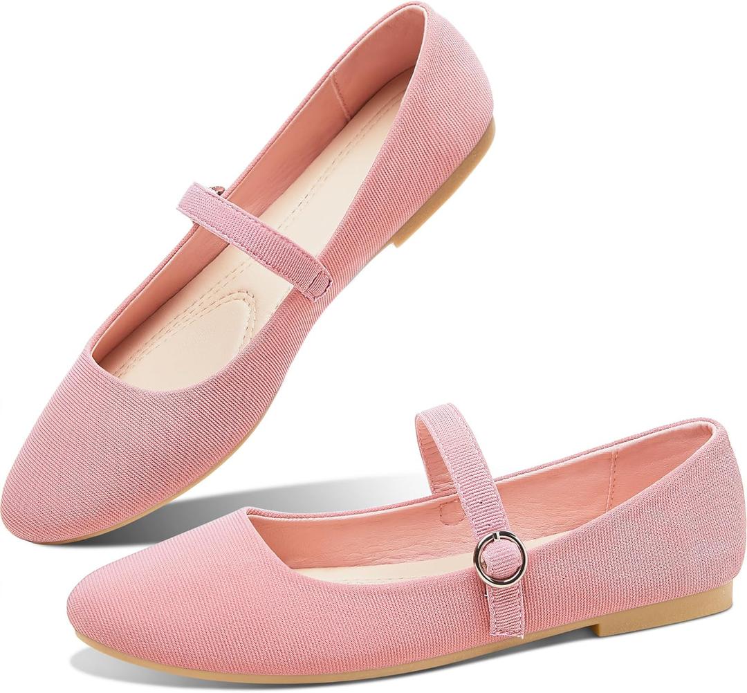 Obtaom Mary Jane Flat Shoes Round Toe Ballet Flats for Women Dressy Fabric Business Flats Comfortable Classic Strap Flats for Office(Dirty Pink, US8)