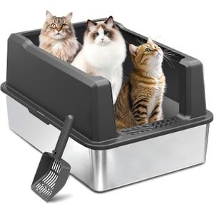 Jumbo Stainless Steel Cat Litter Box, Open Top Litter Box with 13.7" High Sides to Stop Scatter, Large Cat Litter Box for Multiple Cats, Easy Clean & Odor Resistant, Includes Scoop,Extra Large Dark Gray, For Maine Coon & Multiple Cats(28"x20")
