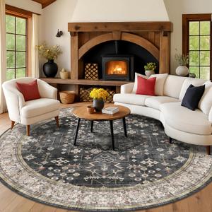 10ft Round Washable Rug - Large Area Rug for Living Room, Dining Room, Black Soft Farmhouse Bedroom Carpet with Geometric Floral Pattern, Modern Boho Dcor, Low Pile & Soft Stain Resistant