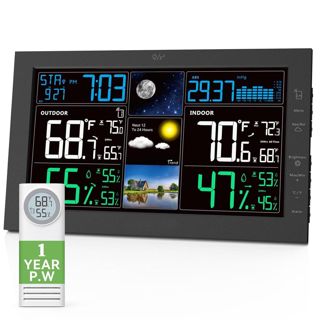 Weather Stations Wireless Indoor Outdoor, Indoor Outdoor Thermometer Wireless with Digital Atomic Clock, Large Display, Barometric Pressure, Forecast, Adjustable Backlight, Contemporary