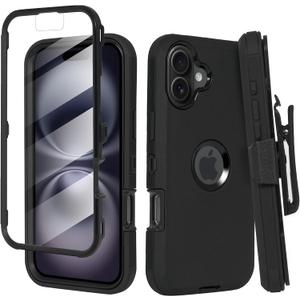 Compatible for iPhone 16 Plus Phone Case with 180-Degree Rotatable Holster, Clip Belt, and Built-in Screen Protector - Heavy Duty Military Grade Drop Protection for Ultimate Safety (Black)