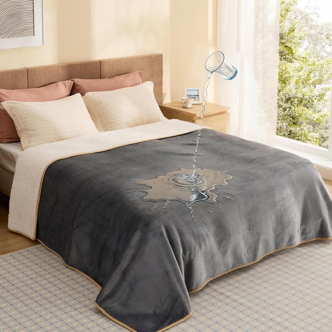 Bedsure Waterproof Blanket for Bed - Sherpa Fleece Waterproof Dog Blankets for Large Dogs, Pet Blankets for Bed/Couch, Soft Plush Reversible Furniture Protector, Queen Size, 90"x86", Grey