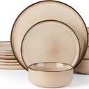 E-far 12-Piece Plates and Bowls Set, Stoneware Dinnerware Sets for 4, Reactive Glaze Ceramic Dinning Ware Dishes, Microwave & Dishwasher Safe - Sandy Beige