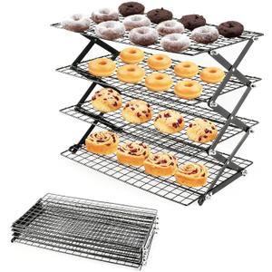 4-Tier Collapsible Cooling Rack with Adjustable 3 Setting, Wire Cooling Roasting Cooking Baking Drying Rack for Cookies Bread Turkey, Candy, Fruit, Snacks