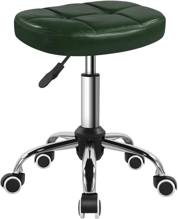 BFTOU 6-Square Lattice PU Swivel Stool with Wheel for Work SPA Shop Massage Height-Adjustable and Cost-Effective Rolling Stool Chair (Green), Seat: 17.7" x 17.7" x 19.3"; Base: 17.7" diameter