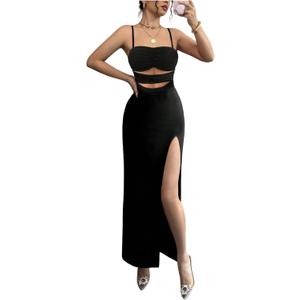 Milumia Women's Sexy Cut Out Spaghetti Strap Dress High Slit Bodycon Party Dresses, Large
