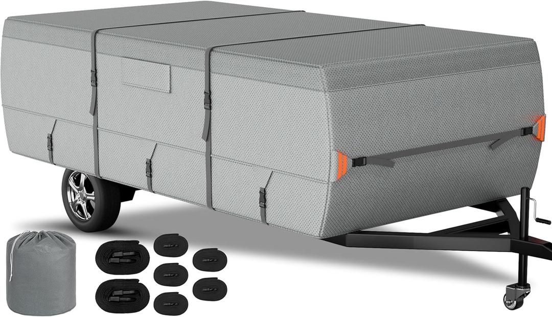 Tuszom Pop Up Camper Cover, 7 Layers Waterproof Folding Camping Trailer Cover for Snow Upgraded Tearproof RV Cover with 5+2 Windproof Straps and Storage Bag (Gray, Fits 14' - 16')