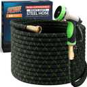 PowerFlow Garden Hose, NON-EXPANDABLE 50 Feet Premium Quality Stainless Steel Metal Water Hose with Durable Fabric Skin, Hose For Commercial, Residential Use, Bonus 10-way Spray Nozzle (50 Ft, Black)